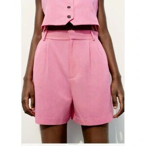 New Zara Pink Pleated High Waist Linen Blend Shorts, XS